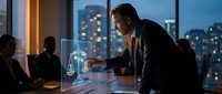 Professional businessman interacting with holographic AI robot display during evening meeting in modern office with city skyline background.