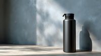 Minimalist black reusable water bottle casting dramatic shadow on concrete surface against textured gray wall in natural lighting. Sustainable lifestyle concept.