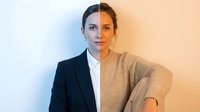 Professional businesswoman split between formal dark suit and casual beige sweater representing work-life balance and career flexibility concepts.