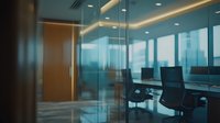Modern corporate conference room with glass walls, ergonomic chairs, and ambient lighting creates professional atmosphere for business meetings and presentations.