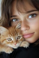 Close up portrait of young woman with brown eyes and freckles holding ginger cat. Tender moment between pet owner and feline friend showing emotional connection.