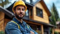 Smiling male construction worker in yellow hard hat and denim shirt standing confidently with crossed arms at residential building site for home renovation projects.