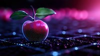 Fresh red apple with green leaves on dark background with magical pink bokeh lights and water drops creating dreamy atmosphere.