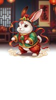Adorable white rabbit in traditional Chinese costume with red lanterns background for lunar new year celebration and festive holiday decorations.