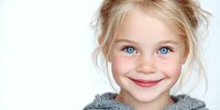 Young Caucasian girl with striking blue eyes and blonde hair smiling at camera, wearing gray knit sweater against white background. Perfect for family, childhood, or innocence themes.