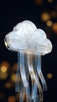 Glass cloud with circuit board patterns and digital data streams flowing downward representing cloud computing technology and data transfer.