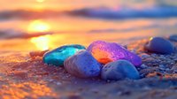 Colorful healing crystals on beach sand at golden sunset, sunlight reflecting through translucent minerals creating mystical glow against ocean backdrop.