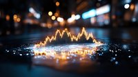 Glowing financial chart hologram with stock market data visualization floating over reflective surface against blurred city lights background at night.