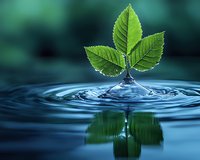 Fresh green leaves emerging from water surface with concentric ripples, creating serene reflection against dark blue background. Nature conservation concept.