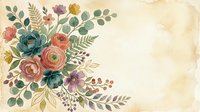 Vintage floral arrangement with roses, ranunculus, and mixed foliage in muted tones on aged cream background. Botanical illustration style.