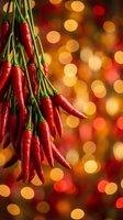 Fresh red chili peppers hanging in bundle with warm bokeh lights background for culinary cooking spice ingredient kitchen decoration restaurant menu design.