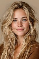 Young blonde Caucasian woman with wavy hair and freckles smiling warmly at camera in brown sweater against neutral beige background for lifestyle content.