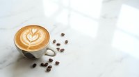 Cappuccino with latte art heart design in ceramic cup on marble surface with scattered coffee beans, ideal for cafe and beverage marketing.