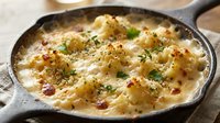 Creamy cauliflower gratin with herbs and cheese baked in cast iron skillet, golden brown comfort food dish perfect for side dishes and home cooking recipes.