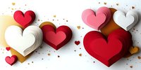 Paper cut hearts in red, pink and white with golden confetti scattered on white background for Valentine's Day celebration and romantic designs.