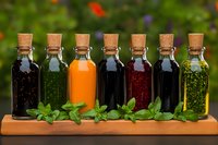 Row of colorful herbal tincture bottles with cork stoppers on wooden board surrounded by fresh green herbs for natural medicine and wellness.