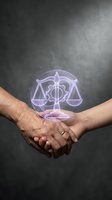 Two hands holding glowing purple scales of justice symbol representing legal partnership, cooperation and fair judgment in law and business consulting.