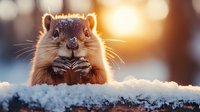 Cute groundhog sitting in snow with paws raised to face, winter sunrise background, suitable for seasonal greeting cards and wildlife content.
