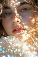 Close up portrait of young woman with blue eyes and freckles in golden sunlight with crystal bokeh effects and glowing skin, natural beauty makeup look.
