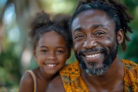 African American father and daughter share joyful moment outdoors, both with bright genuine smiles, dad wearing yellow patterned shirt, natural lighting and bokeh background.