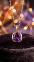 Elegant rose gold necklace featuring a cushion-cut amethyst pendant displayed on black velvet with warm bokeh lighting, suitable for jewelry marketing and luxury product photography.