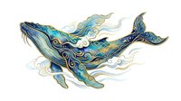 Ornate whale with flowing turquoise and gold decorative patterns, isolated on white background. Suitable for t-shirt design, wall art, and creative projects.