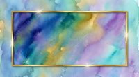 Watercolor gradient background with gold frame border, featuring soft blending of blue, purple, yellow, and turquoise hues. Suitable for design projects, presentations, and creative layouts.