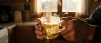 Mature man holding glass of whiskey with ice in warm home interior with window light, suitable for lifestyle, beverage, and hospitality design projects.