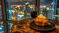 Freshly baked cream puff pastry and red wine glass on wooden table against blurred city lights skyline view through window, romantic evening dining atmosphere.