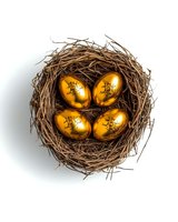 Golden decorative eggs with floral pattern nestled in natural brown twig nest on white background, isolated view from above for seasonal design projects.