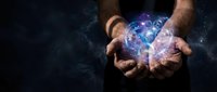 Male hands cupping glowing digital holographic sphere with network connections and data visualization against dark cosmic background for technology concepts.
