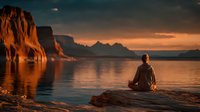 Man meditating on rocky shore at sunset with dramatic cliffs and calm water reflections creating peaceful spiritual atmosphere for wellness and mindfulness.