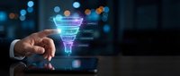 Digital marketing funnel hologram with conversion stages floating above businessman hand against blurred city lights background for sales strategy.