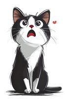 Surprised black and white tuxedo cat with big eyes and open mouth looking up at floating heart, cartoon style drawing on white background for greeting cards and prints.