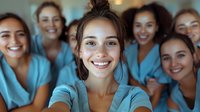 Diverse group of female healthcare workers in blue scrubs smiling at camera, perfect for medical advertising, teamwork concepts and healthcare recruitment materials.