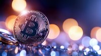 Silver bitcoin coin against blurred blue and orange bokeh lights background, showcasing cryptocurrency investment and digital finance concept.