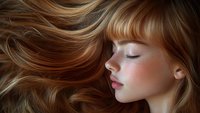 Young woman with flowing blonde hair and natural makeup in profile view against dark background, eyes closed in serene expression, showing beauty and skincare concept.