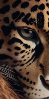 Close-up macro shot of leopard eye and face showing detailed spots, fur texture, and intense gaze. Dramatic lighting highlights natural patterns and markings.