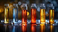 Glass vials with colorful liquid samples in yellow, blue and orange tones on dark reflective surface with bokeh lights background, laboratory research concept.