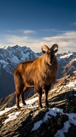 Majestic mountain goat with curved horns standing on rocky cliff against snow-capped alpine peaks and dramatic blue sky at golden hour sunset.