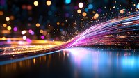 Glowing fiber optic waves with colorful bokeh lights reflecting on water surface create magical atmosphere. Dynamic light trails and sparkles add futuristic technology feel.