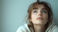 Young Caucasian woman with tousled brown hair and blue eyes wearing white hoodie looking up thoughtfully against soft blue background for lifestyle content.