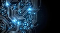 Futuristic circuit board with glowing blue connections and electronic pathways on dark background for technology and digital innovation concepts.
