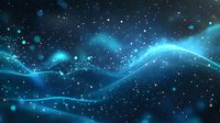 Glowing blue waves of light dance across dark space with sparkling particles and bokeh effects creating magical cosmic atmosphere for abstract backgrounds.