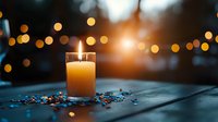 Glowing candle in glass holder on dark surface with scattered blue petals and warm bokeh lights in background creates peaceful atmospheric mood for spa and wellness.