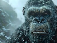 Close-up of an aged primate with intense gaze in snowy conditions, showcasing detailed facial features and weathered expression against a misty background.