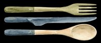 Wooden fork, knife, and spoon with natural wood handles isolated on transparent background. Ready for clipart, t-shirt design, print-on-demand products, stickers, and sublimation projects.
