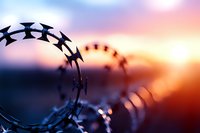 Barbed wire fence silhouetted against a warm sunset sky with soft focus background, conveying themes of security, boundaries, and confinement for editorial and conceptual projects.