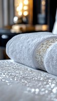 Luxurious white hotel towels with ornate golden trim detail on marble counter, soft bokeh lights in background creating spa-like atmosphere for hospitality industry.