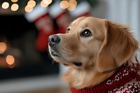 Golden retriever dog wearing red knit sweater looking up with Christmas lights bokeh background creating warm festive holiday atmosphere for pet care advertising.